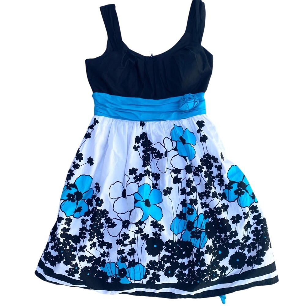 City Triangle‎ Floral Fit and Flare Dress Girls 9 Black Blue White Y2K Preppy